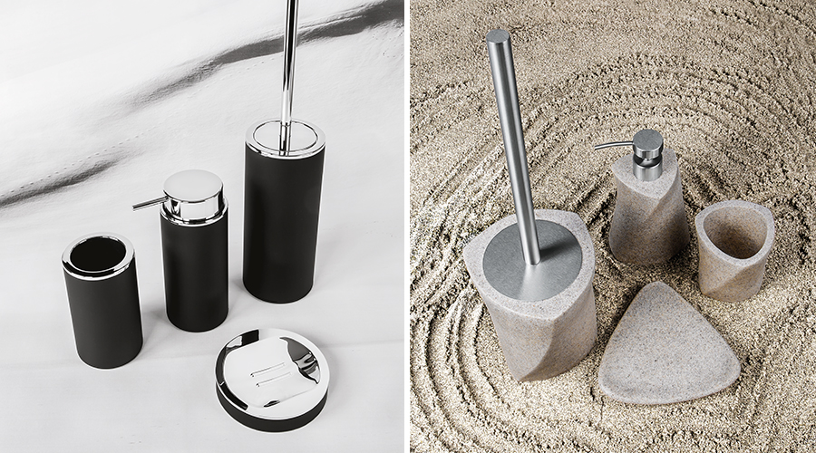 Accessori per il bagno serie Cool, Colombo. Finiture disponibili: nero, beige (effetto sabbia), bianco, argento.